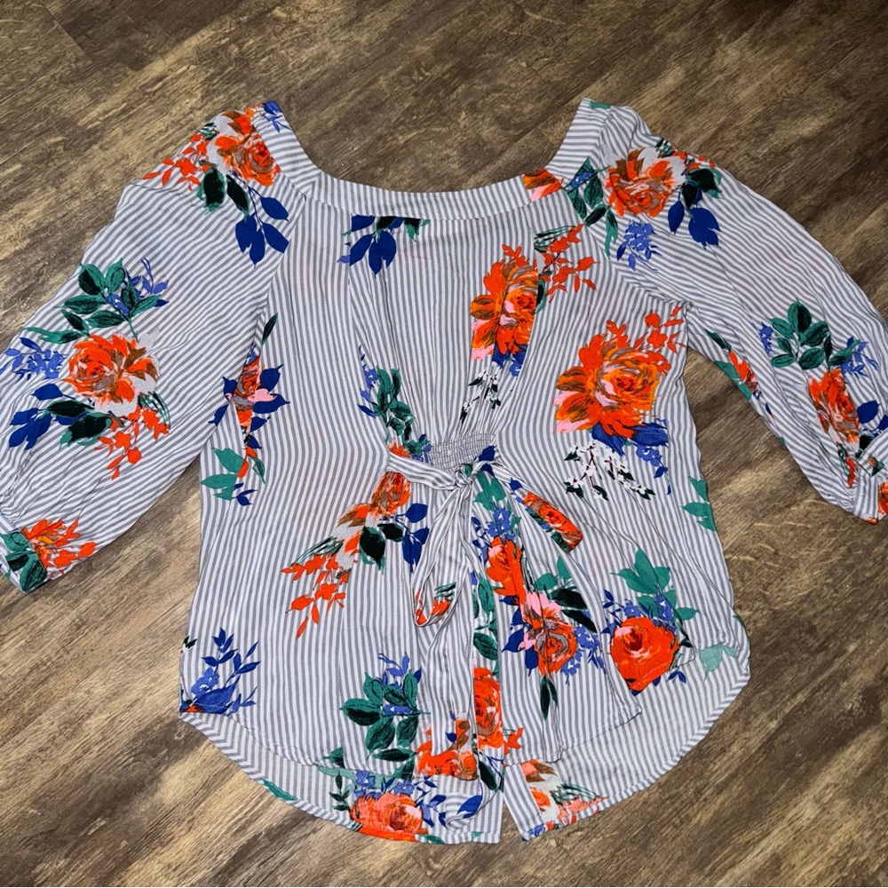Anthropologie Maeve Blue Floral Striped Shirt - Picture 7 of 10